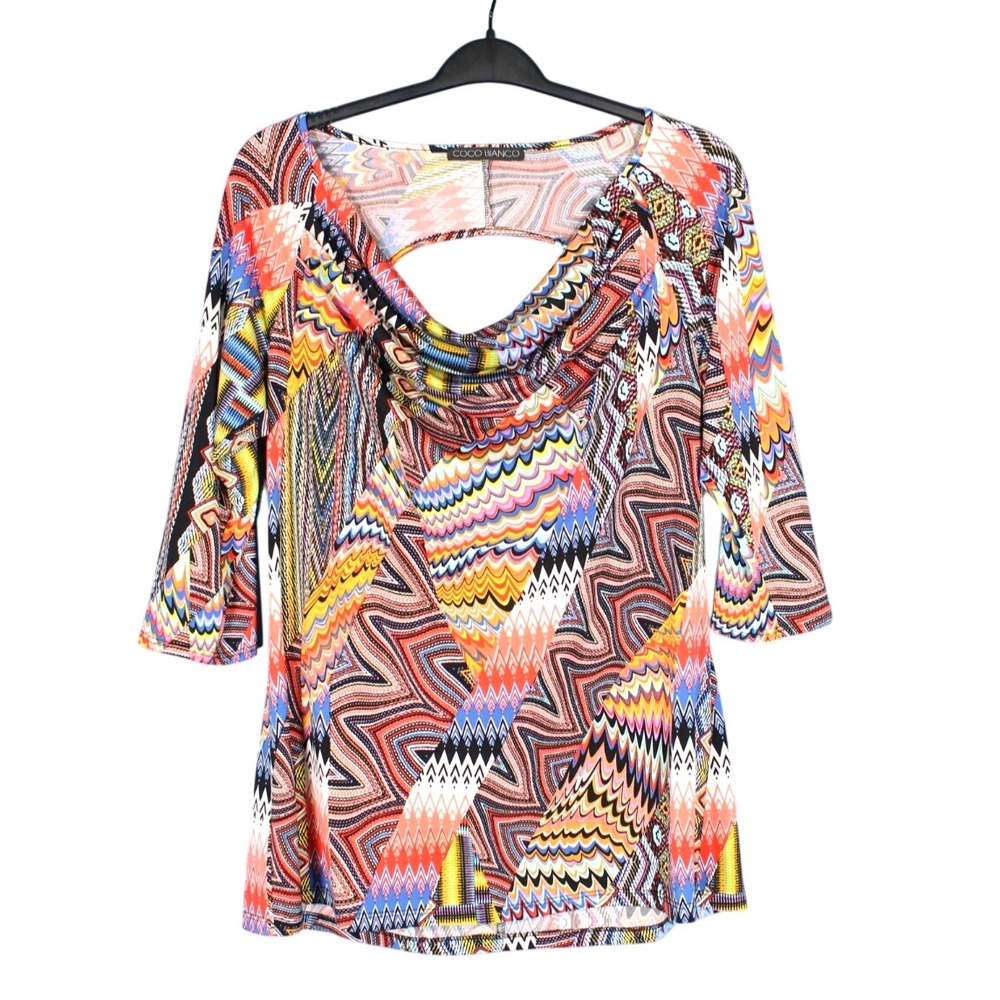 COCO BIANCO Colorful PSYCHEDELIC Drape Neck CUT-OUT BACK Knit BLOUSE/TOP M